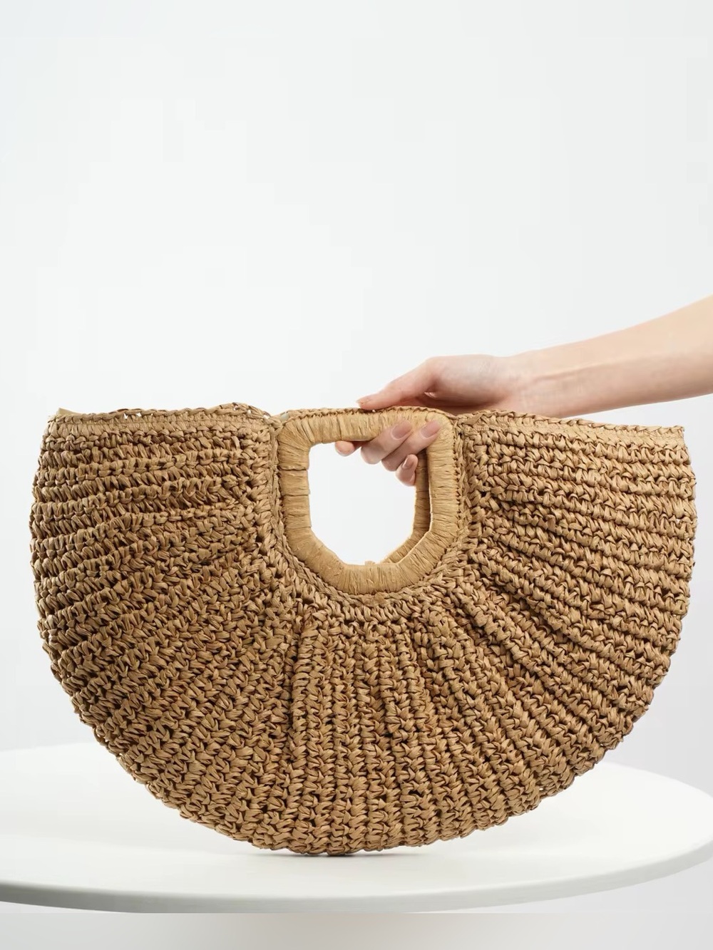 Handwoven Semi-Circle Straw Tote Bag in Tan